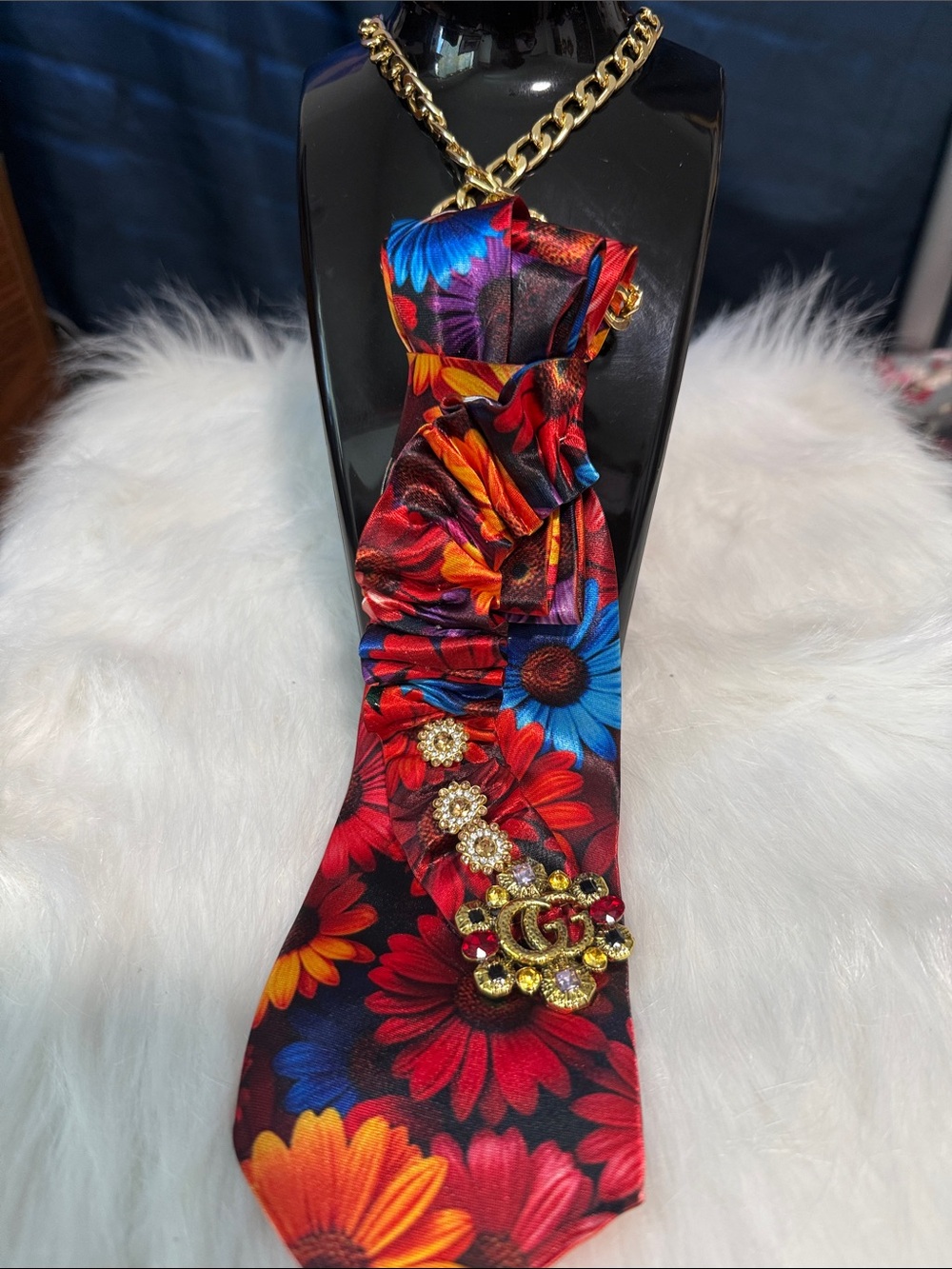 Floral Ruffled Neck Tie Dress Accent in Red & Blue  Junk Tie